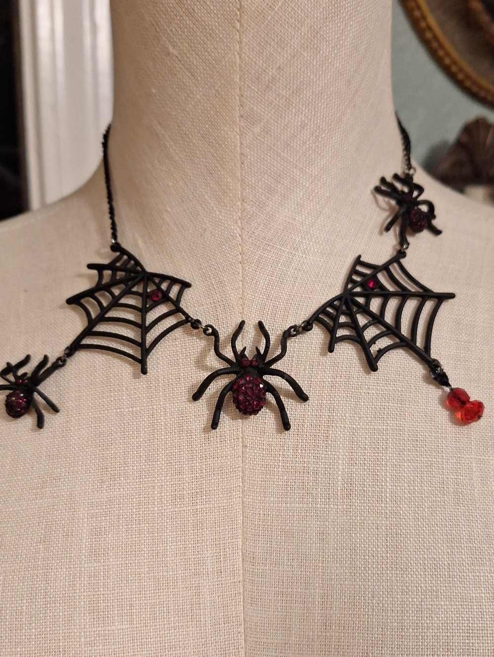 Black Spider Web Necklace with Dark Red Accents